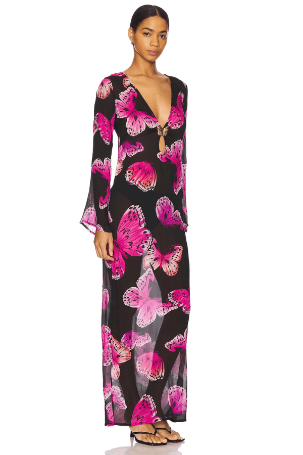 Hotline Butterfly Maxi Dress Monarch by Cin Cin – A bold, ethereal maxi in Monarch with a central butterfly detail and side slit, perfect for sunlit days and dreamy nights.