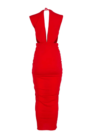 Nia Maxi Dress Orange Red by Baobab – A trendy, elegant maxi with deep V-neck, open back, ruched accents, and flowing slit. Perfect for bold, special moments.
