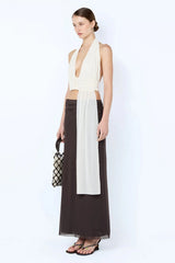 Eva Drape Top by Bec and Bridge, snow white mesh halter top with deep plunge and elegant gathered sash drape.
