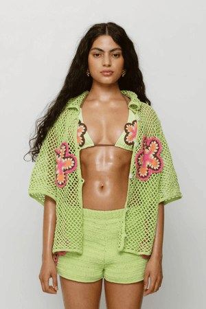 Elke Crochet Shirt Lime by The Wolf Gang, handwoven cotton shirt with floral crochet detail, artisan-made in Bali for an elevated resort look.