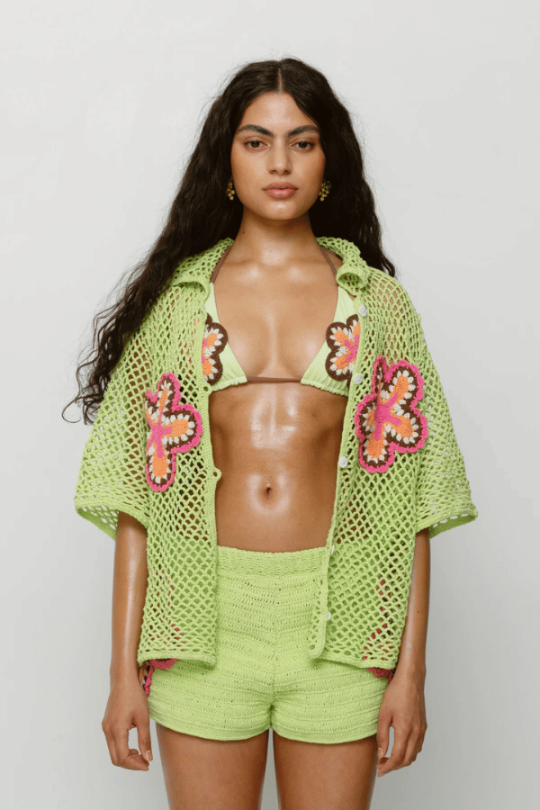 Elke Crochet Shirt Lime by The Wolf Gang, handwoven cotton shirt with floral crochet detail, artisan-made in Bali for an elevated resort look.