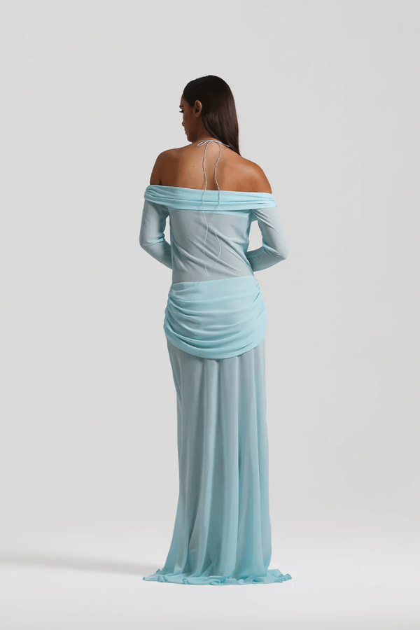 Emily Gown Baby Blue by Natalie Rolt – A trendy, ethereal gown with bias-cut georgette, off-shoulder draping, and full sleeves, perfect for romantic events.