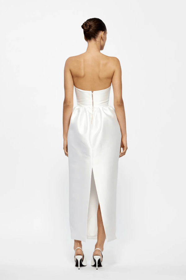 Lilia Dress Ivory by Effie Kats – Elegant strapless Mikado Satin midi with sculpted neckline and ruched voluminous skirt, perfect for sophisticated evening and formal occasions.