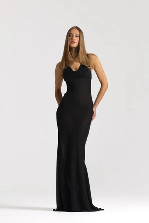 Anita Dress Black by Natalie Rolt featuring a sheer georgette silhouette, draped cowl neckline and asymmetrical skirt godets.
