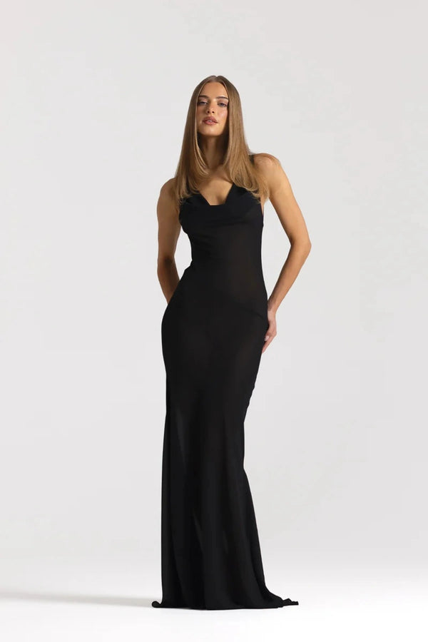 Anita Dress Black by Natalie Rolt featuring a sheer georgette silhouette, draped cowl neckline and asymmetrical skirt godets.