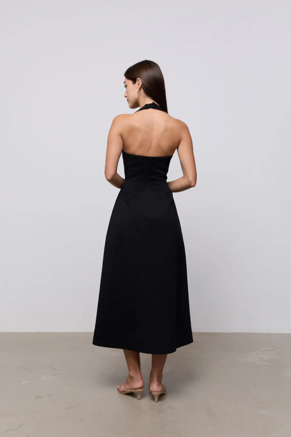 Cotton Mix Halter Midi Dress Black by Odd Muse, structured halter midi dress for timeless evening styling
