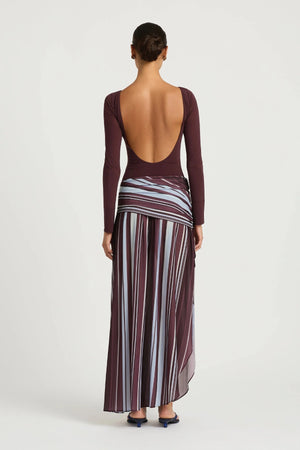 Jana Long Sleeve Maxi Dress Midnight Stripe by Benni, sheer maxi dress with scoop back, perfect for evening or event styling