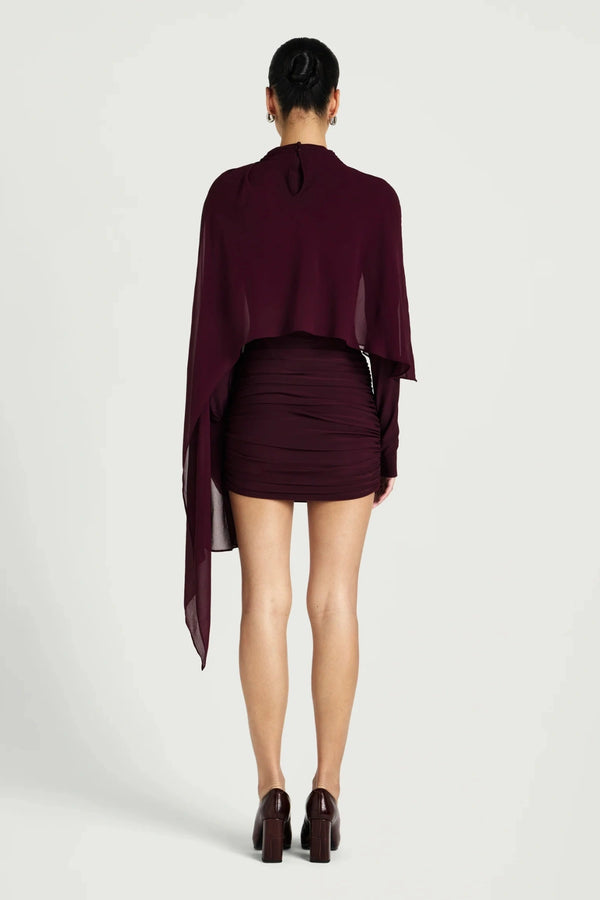 Silas Mini Dress by Benni, ruched jersey mini dress with chiffon cape, perfect for events or evening styling
