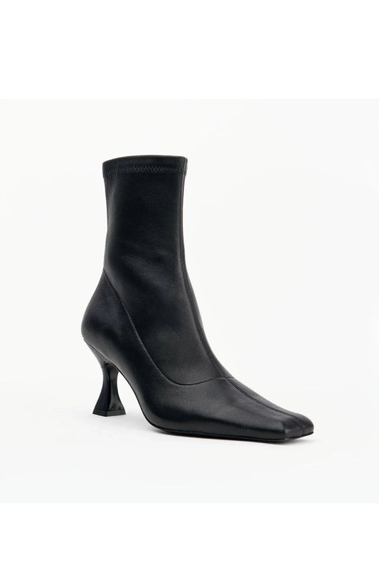 Amelia Black Stretch Leather by Alias Mae, sleek stretch leather boot with square toe, perfect for day to night styling