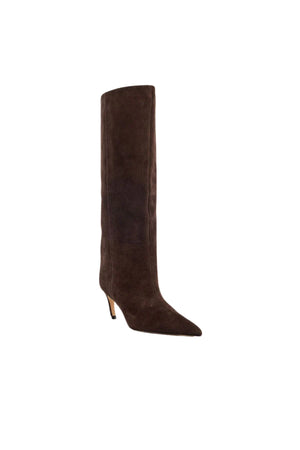 Nadia Choc Suede by Alias Mae, knee-high suede boot with pointed toe and curved heel, perfect for elevated day or evening wear