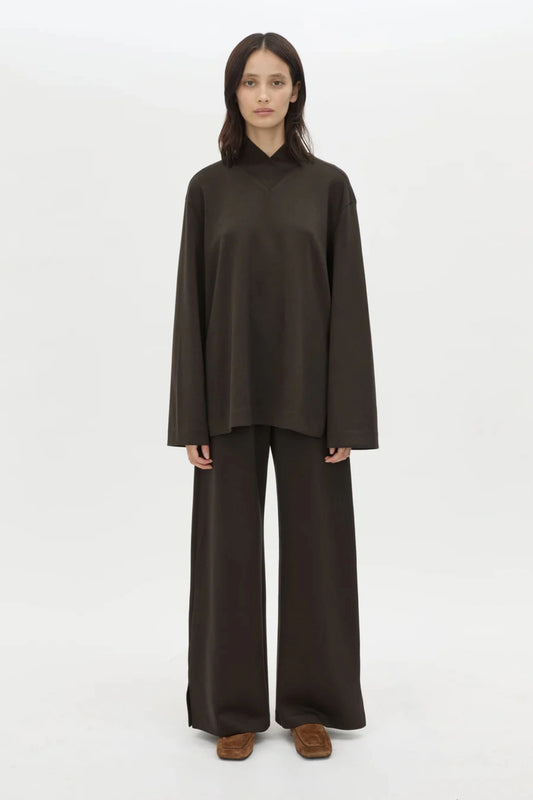 Bessette Pant in Espresso by Camilla and Marc, a tailored mid-rise lounge pant with hem splits for modern everyday polish.
