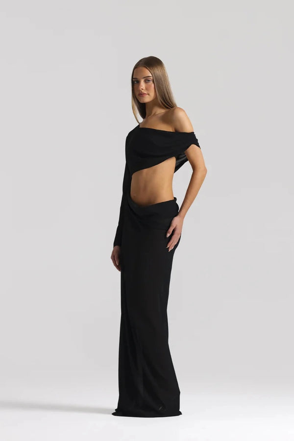 Imogen Dress Black by Natalie Rolt, sheer georgette dress with off shoulder draping and asymmetrical waist detail.