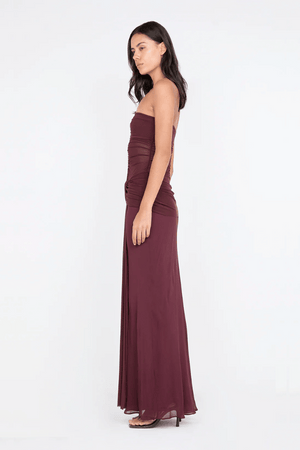 Noemi Strapless Dress by Bec + Bridge, sheer mesh bodice with twist drape detail. Perfect for weddings, galas, and evening occasions.