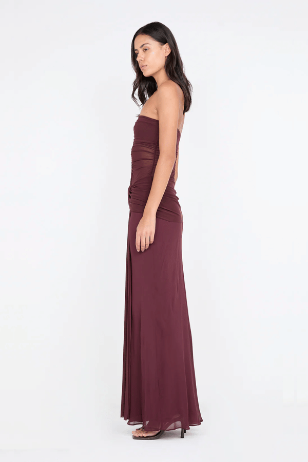 Noemi Strapless Dress by Bec + Bridge, sheer mesh bodice with twist drape detail. Perfect for weddings, galas, and evening occasions.