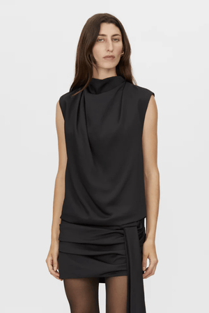 Cyphre Mini Dress Black by Camilla and Marc – A sleek draped mini with high neckline and gathered hem ties, blending modern elegance and comfort for chic evenings out.