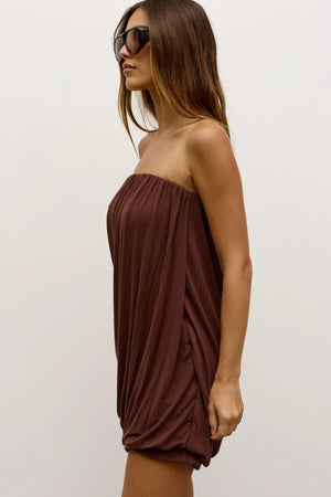 Calista Mini Dress in Chocolate by Bayse, a trending strapless jersey mini with gathered neckline, perfect for night-out styling.