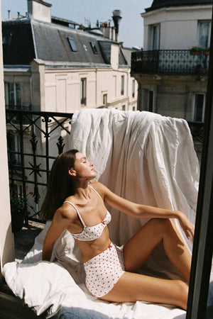 Hugo Short by KATH The Label, ribbed cotton boy-leg brief with red heart print and bows. No returns on bottoms. Perfect for lounging.