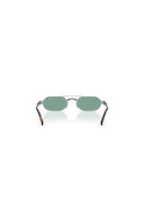 Miu Miu sunglasses with metal frame and green lenses, narrow rectangular shape with retro-inspired bridge detail.