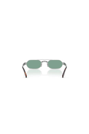 Miu Miu sunglasses with metal frame and green lenses, narrow rectangular shape with retro-inspired bridge detail.