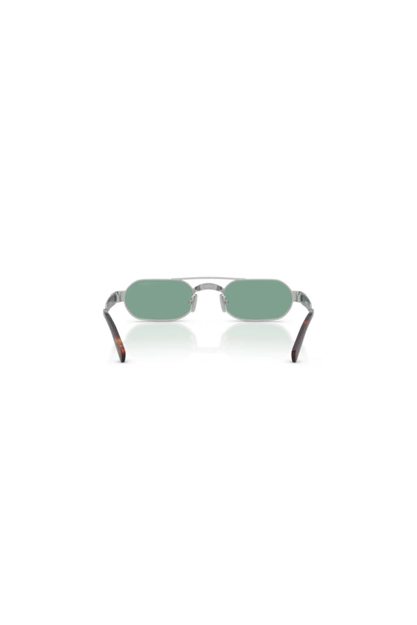 Miu Miu sunglasses with metal frame and green lenses, narrow rectangular shape with retro-inspired bridge detail.