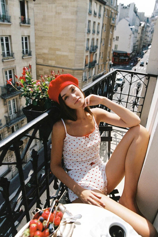 Hugo Singlet by KATH The Label, soft ribbed cotton with red heart print and bows. Perfect for lounging, layering, or sleepwear.