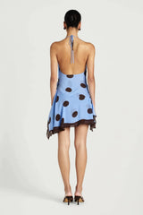 Harlow Halter Dress Blue Choc Polka by Benni, cowl neck maxi dress, perfect for events or summer evening styling