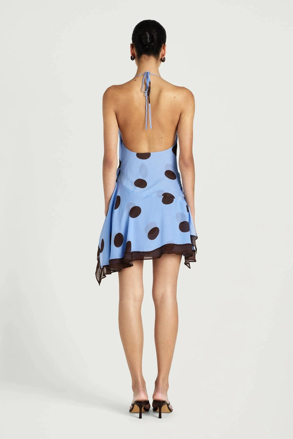 Harlow Halter Dress Blue Choc Polka by Benni, cowl neck maxi dress, perfect for events or summer evening styling