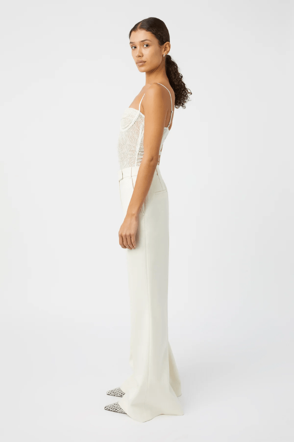 Palisade Pant Off White by Camilla and Marc, high-waisted flared pant with slant pockets and an extended waistband for sleek, structured elegance.