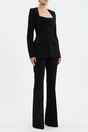 Bethany Top Black by Rebecca Vallance – A chic, structured bonded crepe top with a corseted silhouette, cowl bust, and sleek details for stylish desk-to-dinner looks.