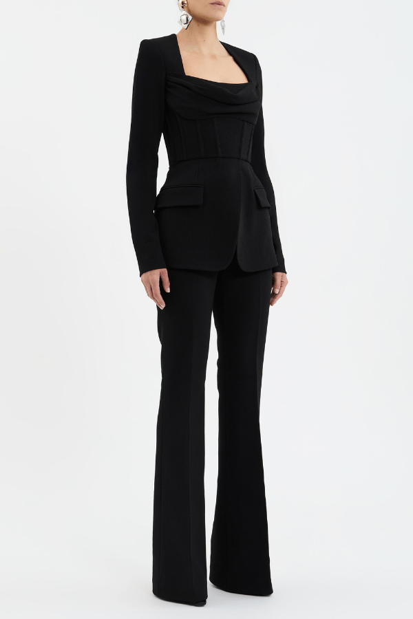 Bethany Top Black by Rebecca Vallance – A chic, structured bonded crepe top with a corseted silhouette, cowl bust, and sleek details for stylish desk-to-dinner looks.