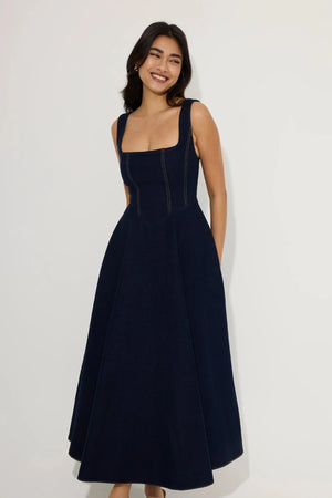 Cotton Mix Denim Square Neck Midi Dress Dark Blue by Odd Muse, fitted denim midi dress, perfect for chic day to night styling