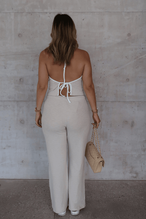 Charlie Halter Top Sand/White by Sneaky Link – A trendy summer essential with a chic halter neckline and open back, perfect for beach-to-bar style.