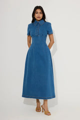 Cotton Mix Denim Collared Midi Dress Light Blue by Odd Muse, structured denim midi dress, perfect for chic day to evening styling