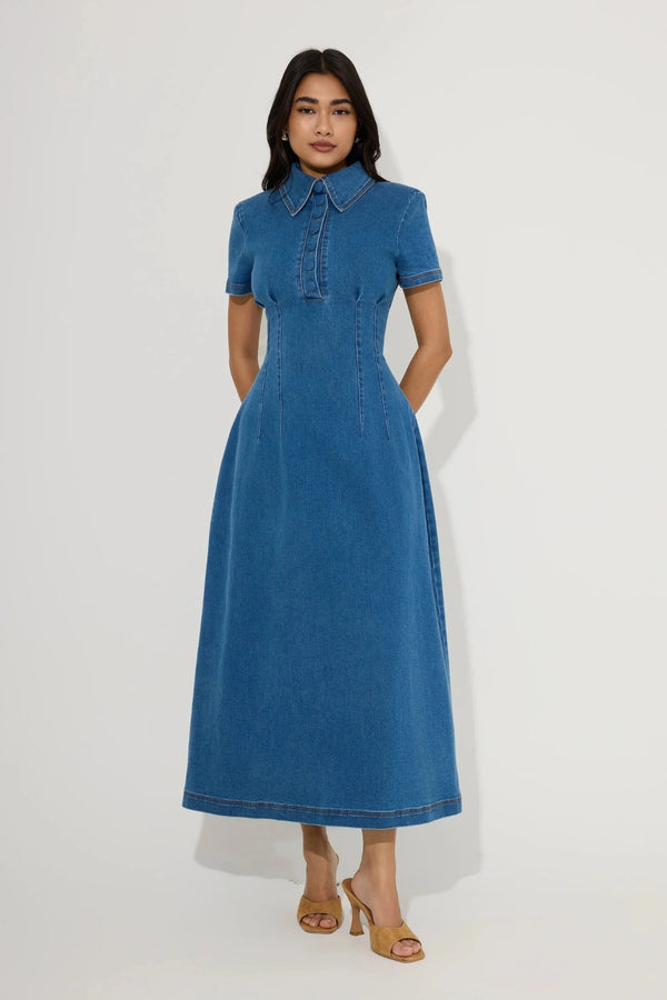 Cotton Mix Denim Collared Midi Dress Light Blue by Odd Muse, structured denim midi dress, perfect for chic day to evening styling