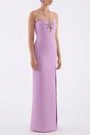 Chantara Halter Gown Lilac by Rebecca Vallance – Crepe midi with halter neck, starfish applique, fitted bodice & back split.