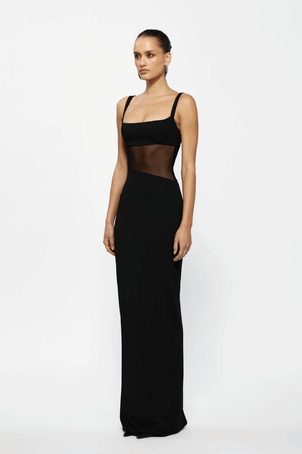 Cyia Gown Black by Effie Kats – Sleek stretch crepe gown with delicate straps, mesh inserts, and low back, featuring a back split for graceful movement and timeless elegance.