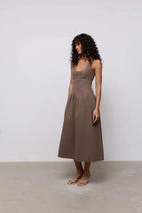 Cotton Mix Cinched Midi Dress Mushroom by Odd Muse, fit and flare dress with boned bodice and full skirt