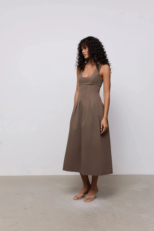 Cotton Mix Cinched Midi Dress Mushroom by Odd Muse, fit and flare dress with boned bodice and full skirt
