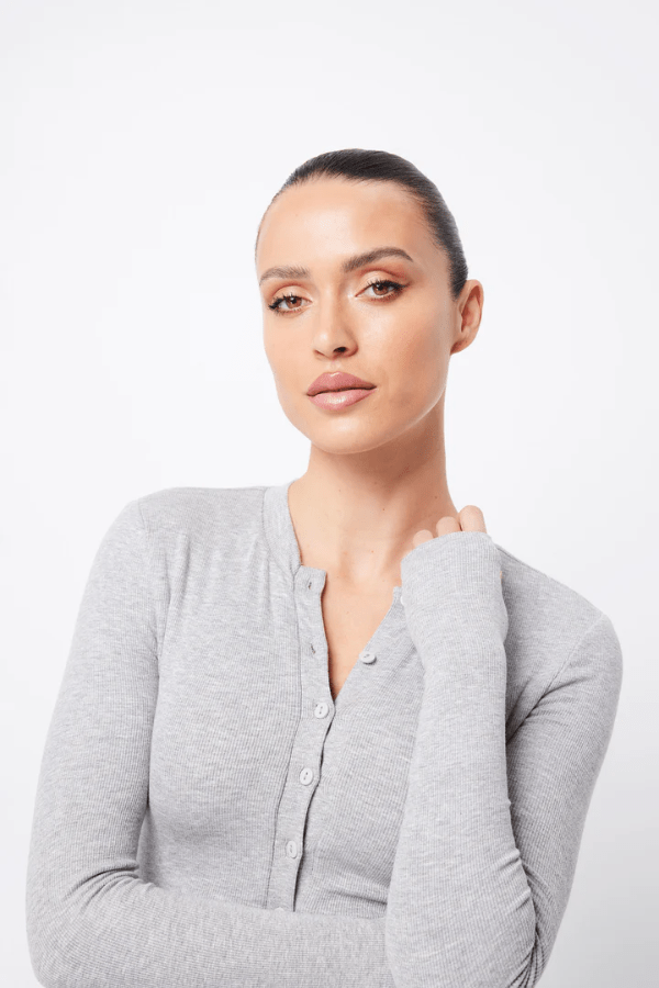Lyon Cardigan Grey Marle by Mossman, warm double-layer ribbed jersey with round neckline, button front, and thumbhole sleeves, perfect for trendy viral layering and sleek everyday style.