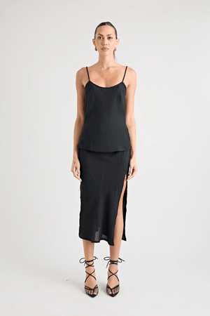Gianni Scoop Cami Black by Pfeiffer, lightweight scoop-neck cami with adjustable straps and bias cut, perfect for trendy viral warm-weather and chic coordinated looks.