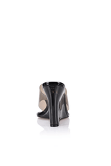 Sienna Heel Black by Lana Wilkinson, thong heel with lucite wedge and vinyl upper, perfect for day to night styling