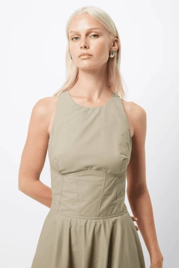 Homage Maxi Dress Eucalyptus by Mossman – A trendy, breathable cotton maxi with a flattering A-line flare and sleek design, perfect for stylish warm-weather days.