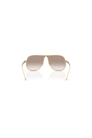 Miu Miu MU A56S Gold Clear Gradient Brown – rectangular metal sunglasses with narrow fit and gradient polyamide lenses.
