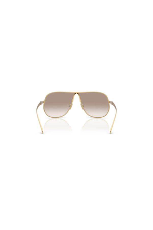Miu Miu MU A56S Gold Clear Gradient Brown – rectangular metal sunglasses with narrow fit and gradient polyamide lenses.
