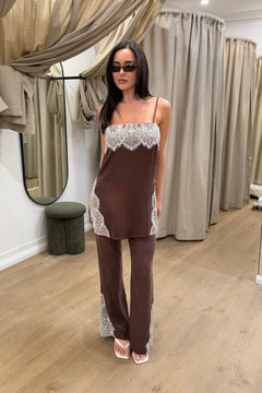 Florence Pant Espresso by Summi Summi – tailored cupro rayon flared pants with cream lace trim detail.