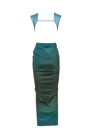 Nia Dress Dark Lime by Baobab – A bold maxi with a deep V-neck, open back, and shiny ruched fabric, perfect for making a viral statement at special events.