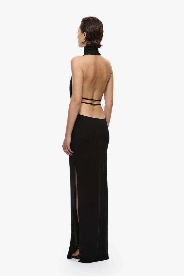 The Cowl Neck Jersey Dress Black by Misha, plunging halter maxi dress with sculptural open back detailing
