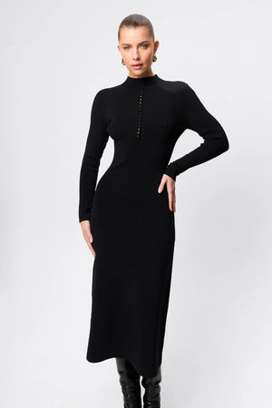 Windsor Midi Dress Black by Mossman - high neck midi dress with button detail and A line shape, designed for a refined modern silhouette.
