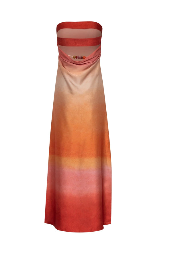 Lola Maxi Dress Atardecer de Colca by Baobab, strapless satin maxi dress with open back, perfect for resort or evening styling