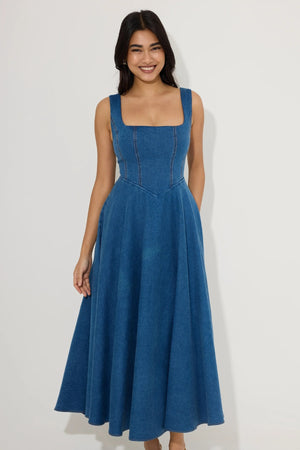Cotton Mix Denim Square Neck Midi Dress Light Blue by Odd Muse, fitted denim midi dress, perfect for chic day